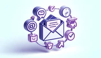Symbols representing "post purchase emails" in ecommerce in purple and light blue colors