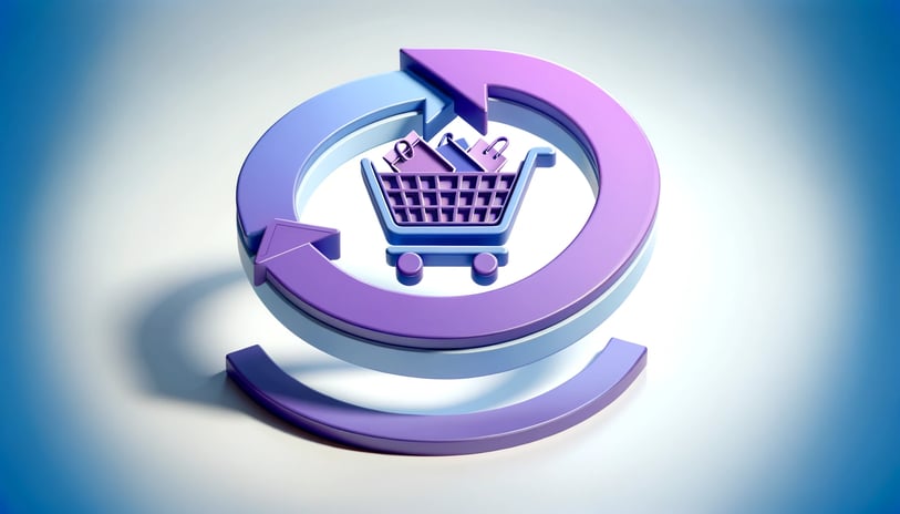 symbols representing winning back lapsed customers and the customer cycle for ecommerce brands in purple and blue