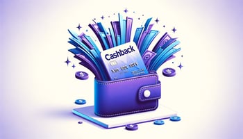 wallet with a cash and card coming out representing cashback for ecommerce brands in light blue and purple colors