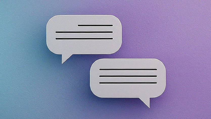 an image representing SMS marketing and SMS conversion rates with messaging speech bubbles in light blue and purple