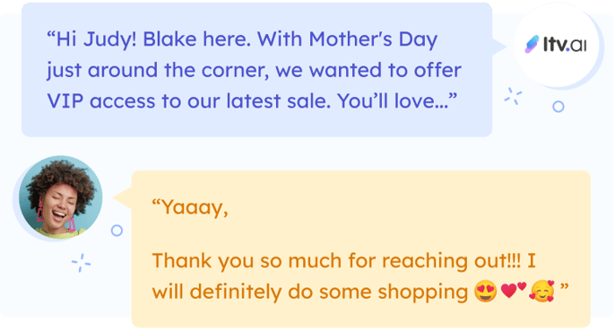 a hyper-personalized LTV.ai SMS for a mothers day campaign to an ecommerce brand's customer