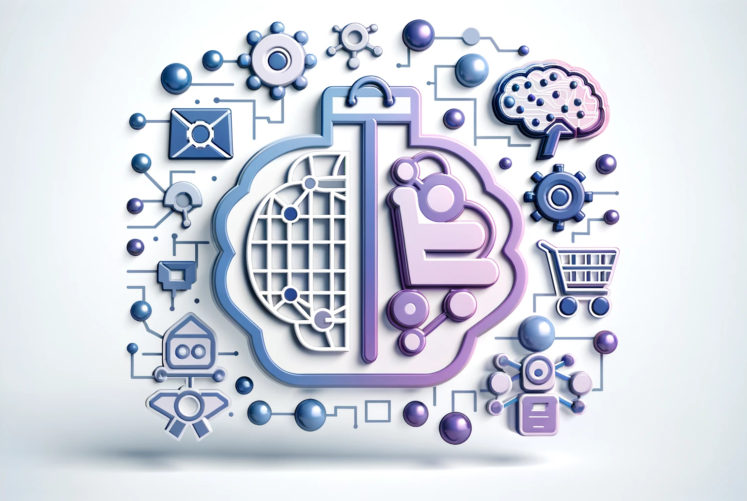 blue and purple ecommerce and artificial intelligence symbols