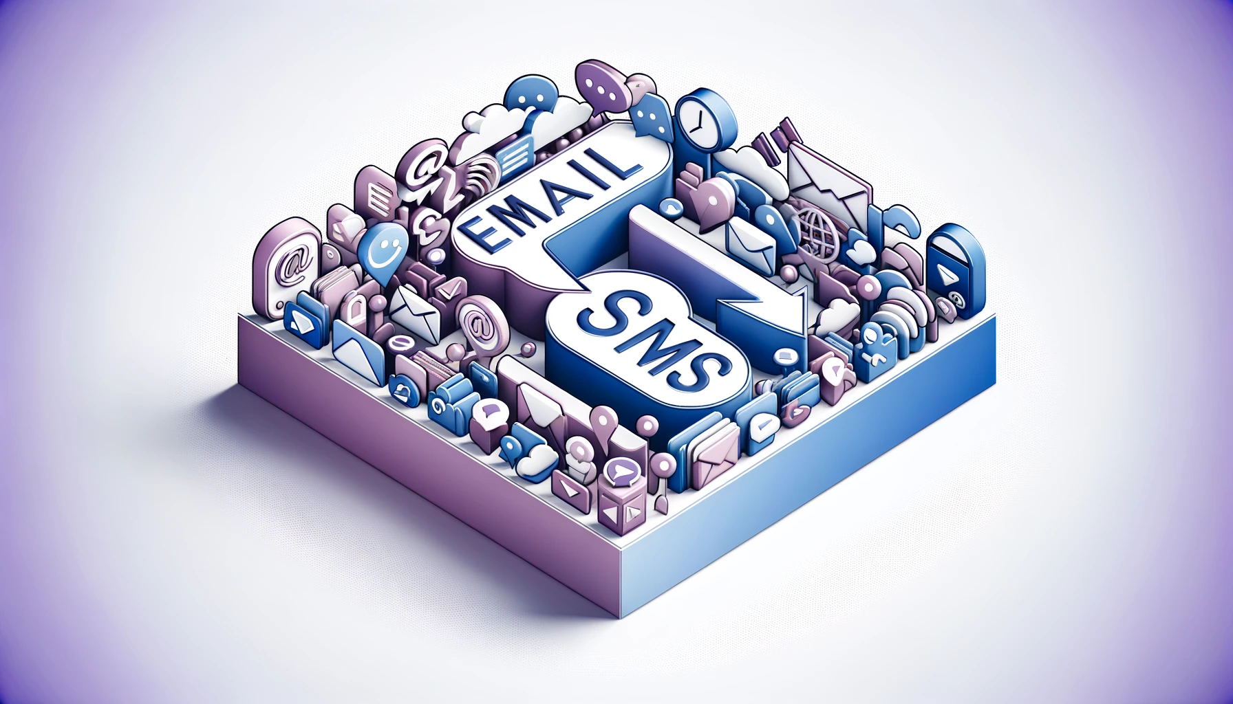 Symbols representing Email VS SMS marketing for ecommerce brands in light blue and purple colors