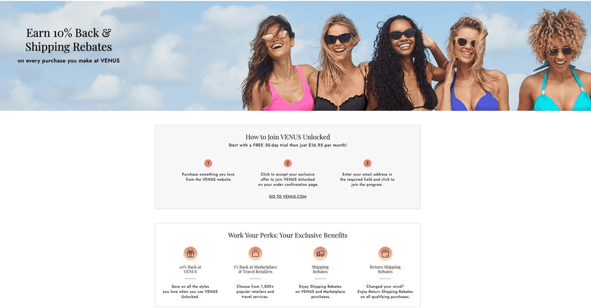 Venus Unlocked monthly membership example providing automatic cashback and exclusive savings for subscribers