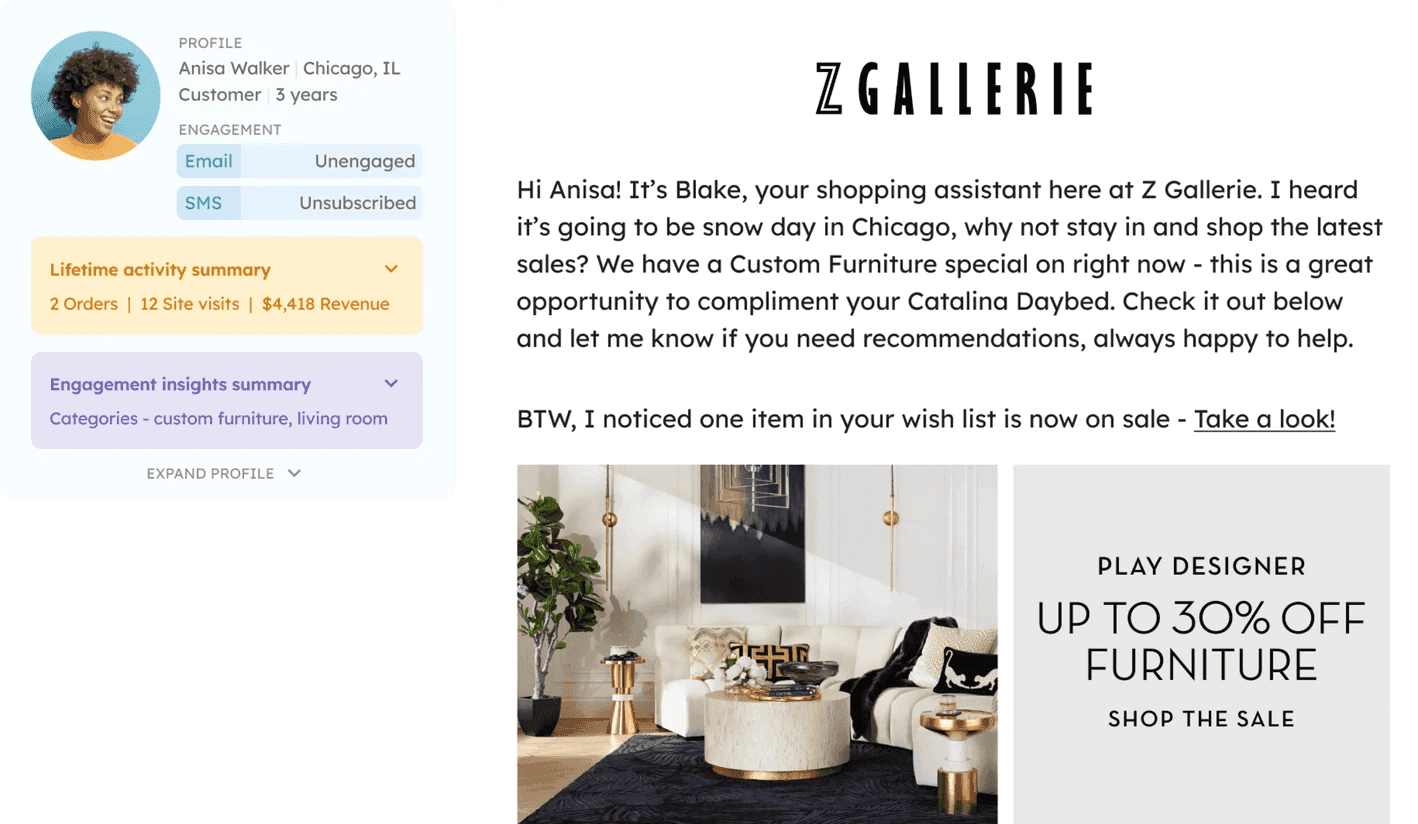 Dashboard displaying customer purchase history data used for personalized marketing
