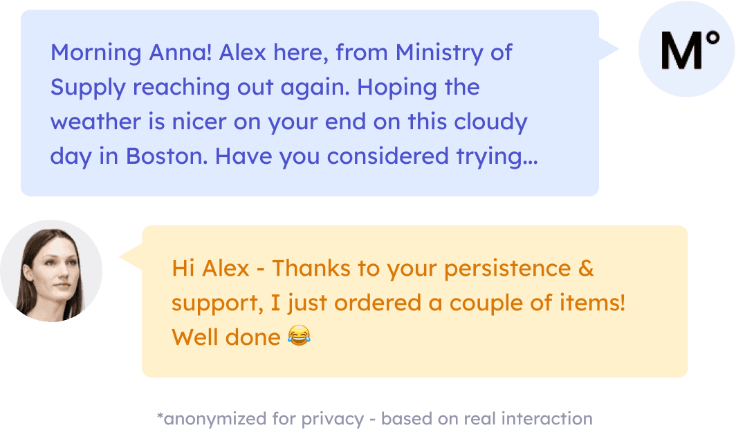 Ministry of Supply results showing higher conversions from conversational AI re-engagement